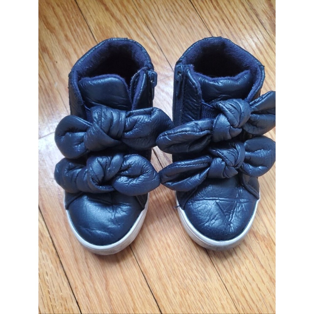 Zara Toddler Girl Navy Blue Leather Bow High Top Sneakers size EURO 24/ US 8